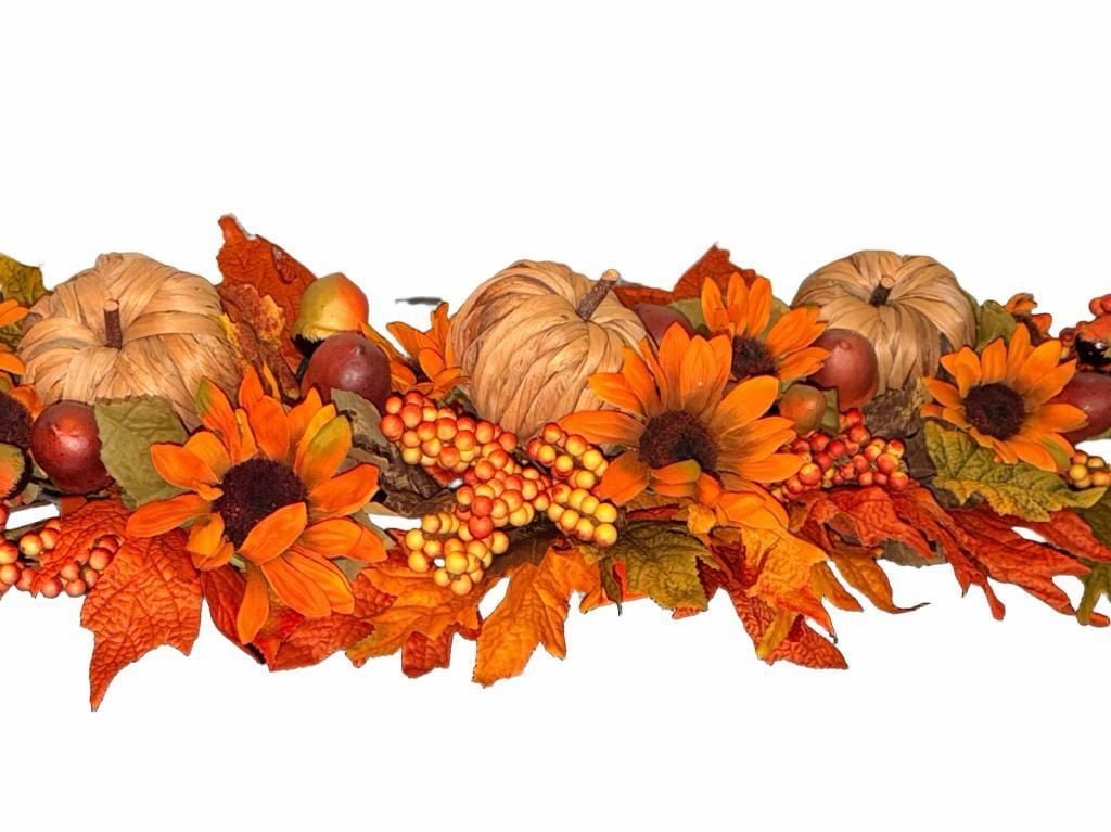 Fall Harvest Table Centerpiece with Pumpkins, Sunflowers, and Maple Leaves 35”Long X 10” wide 3