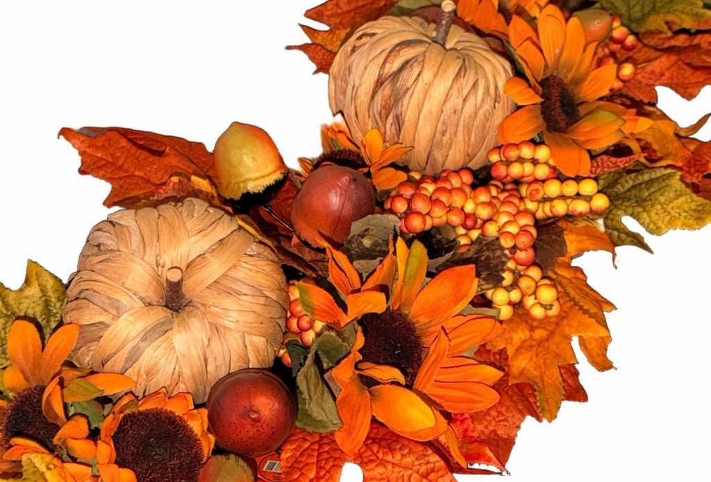 Fall Harvest Table Centerpiece with Pumpkins, Sunflowers, and Maple Leaves 35”Long X 10” wide 6