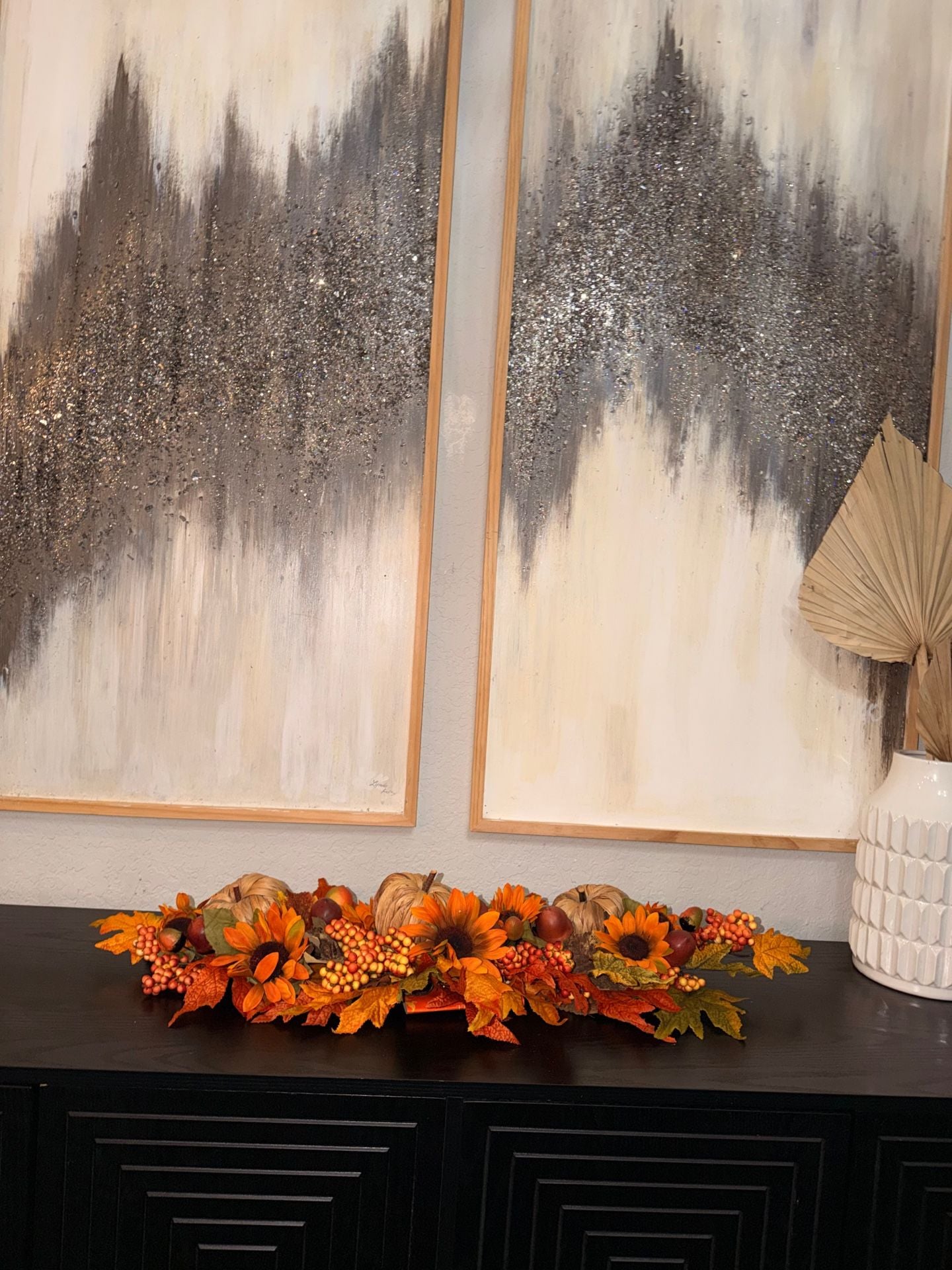 Fall Harvest Table Centerpiece with Pumpkins, Sunflowers, and Maple Leaves 35”Long X 10” wide 7