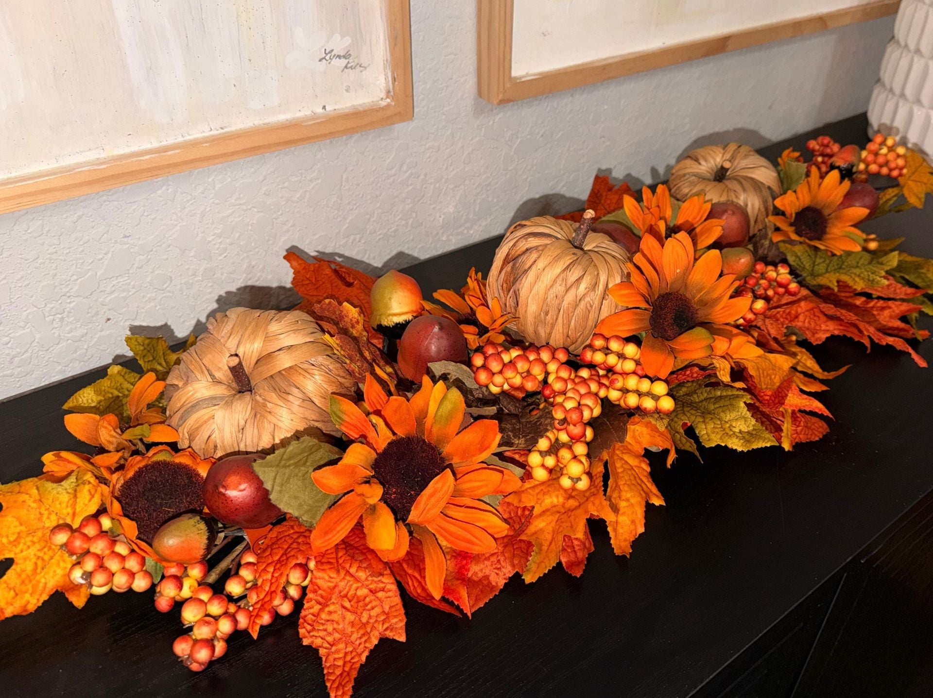 Fall Harvest Table Centerpiece with Pumpkins, Sunflowers, and Maple Leaves 35”Long X 10” wide 5