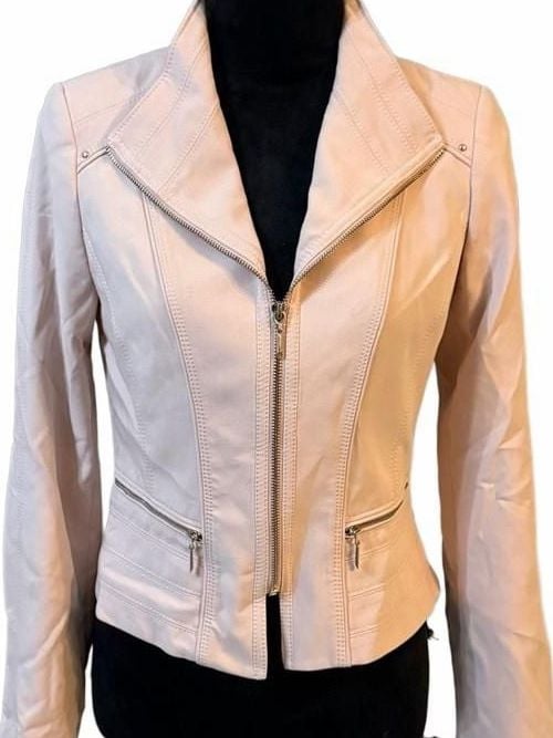 White House Black Market Pale Pink Knit Moto Jacket, Zip Sleeves & Stud embellishments, Size 2 3