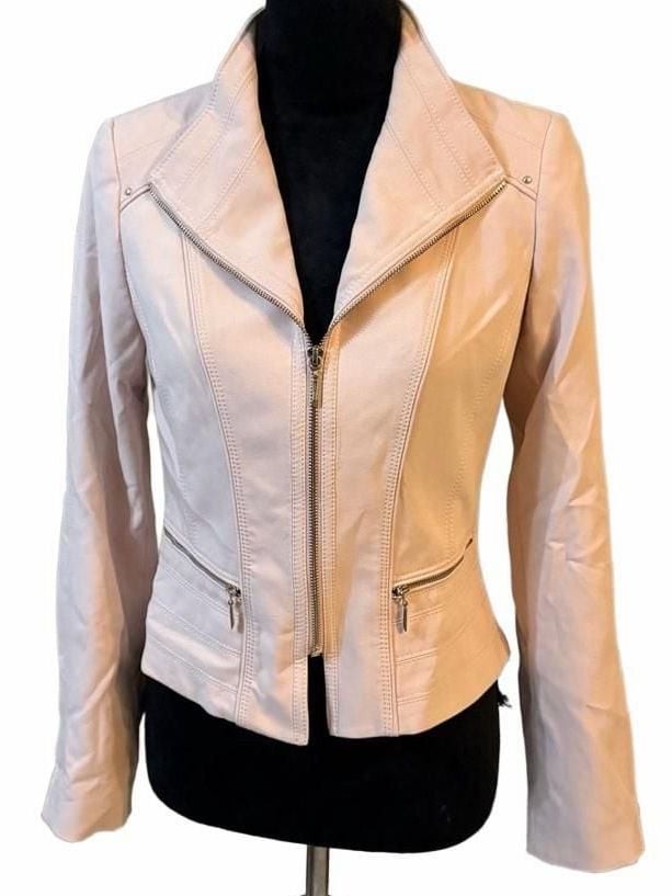 White House Black Market Pale Pink Knit Moto Jacket, Zip Sleeves & Stud embellishments, Size 2 2