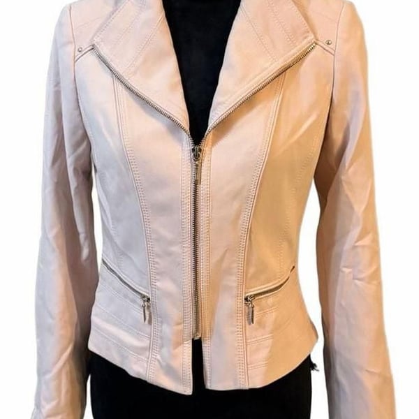White House Black Market Pale Pink Knit Moto Jacket, Zip Sleeves & Stud embellishments, Size 2 