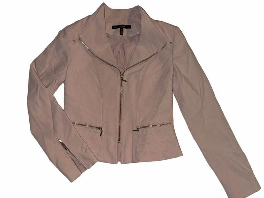 White House Black Market Pale Pink Knit Moto Jacket, Zip Sleeves & Stud embellishments, Size 2 10