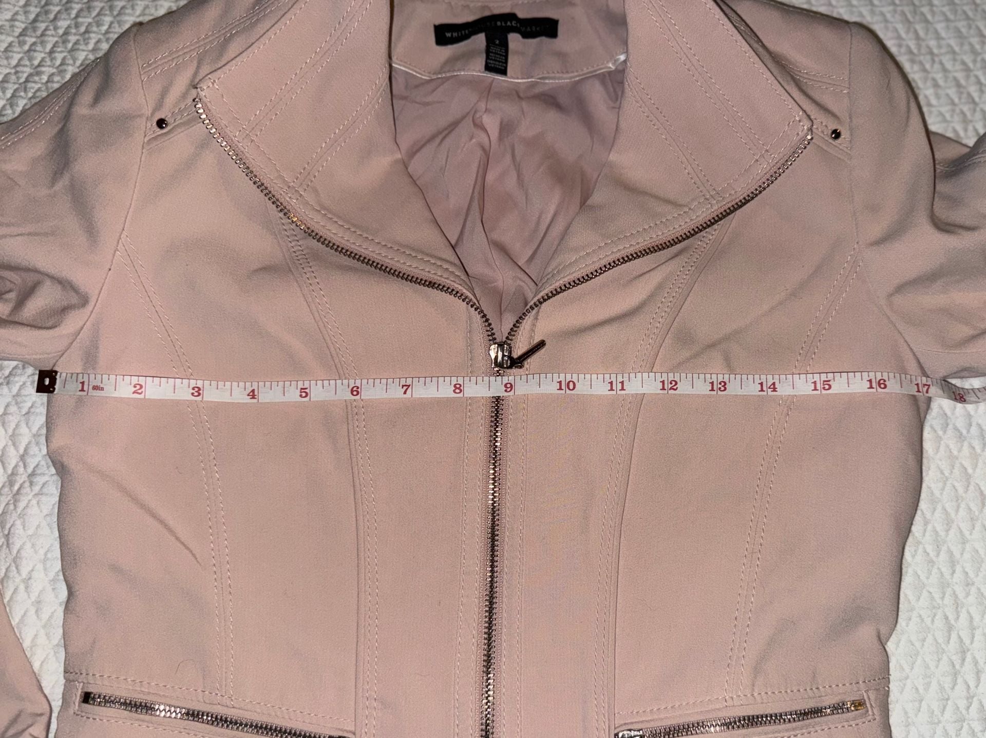White House Black Market Pale Pink Knit Moto Jacket, Zip Sleeves & Stud embellishments, Size 2 11
