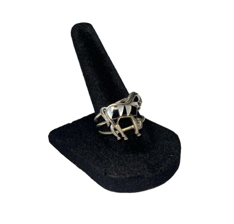Vintage Sterling Silver Onyx & Howlite Inlay Horse Ring | Southwestern Ring 7.5 4