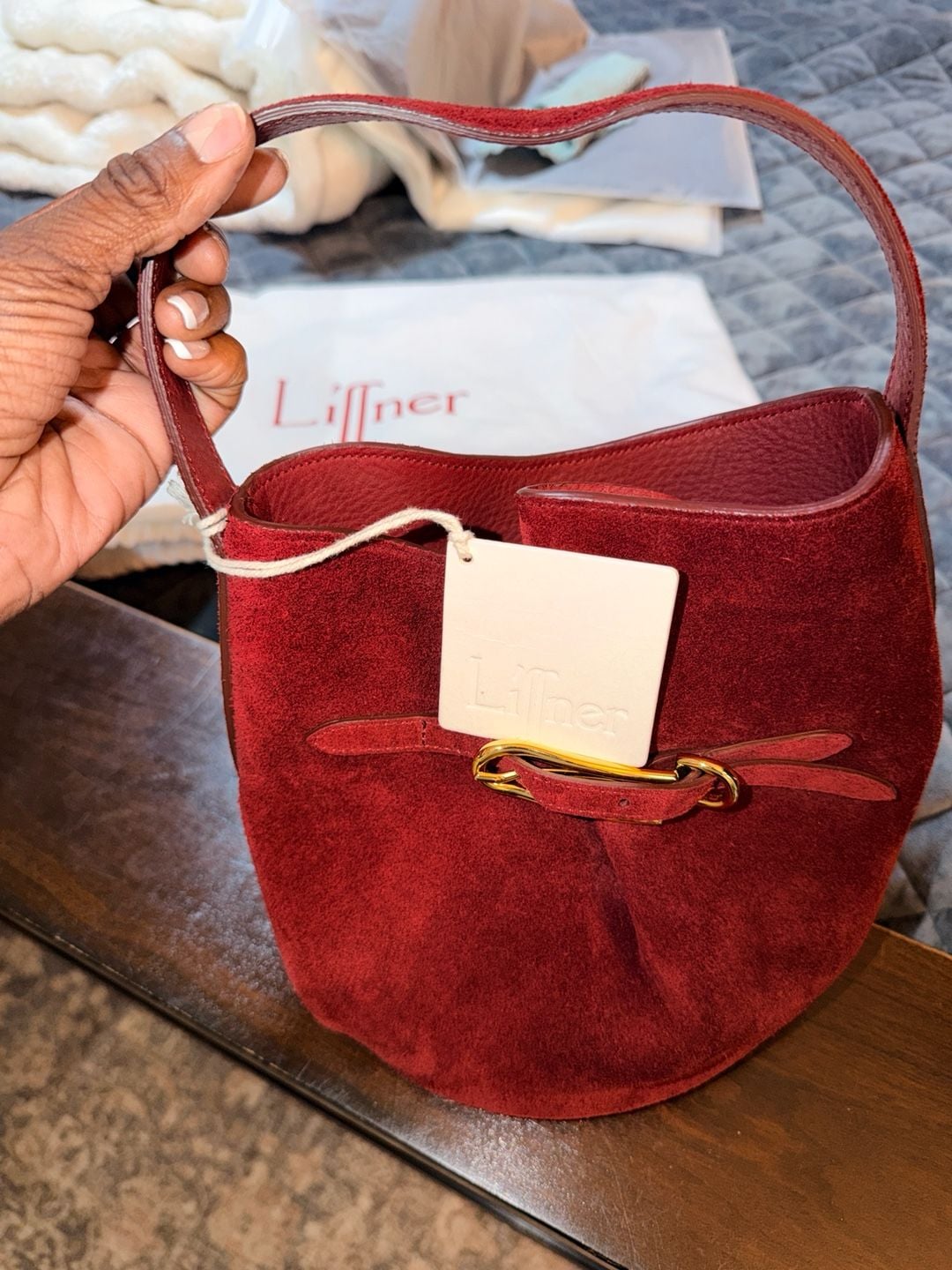 Liffner Belted Suede Bucket Bag 4