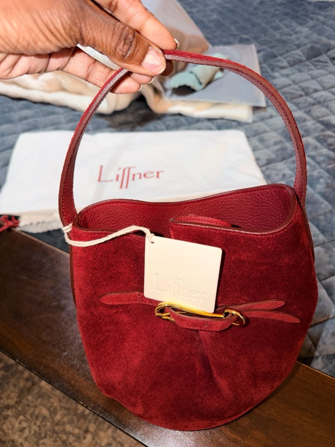 Liffner Belted Suede Bucket Bag 5