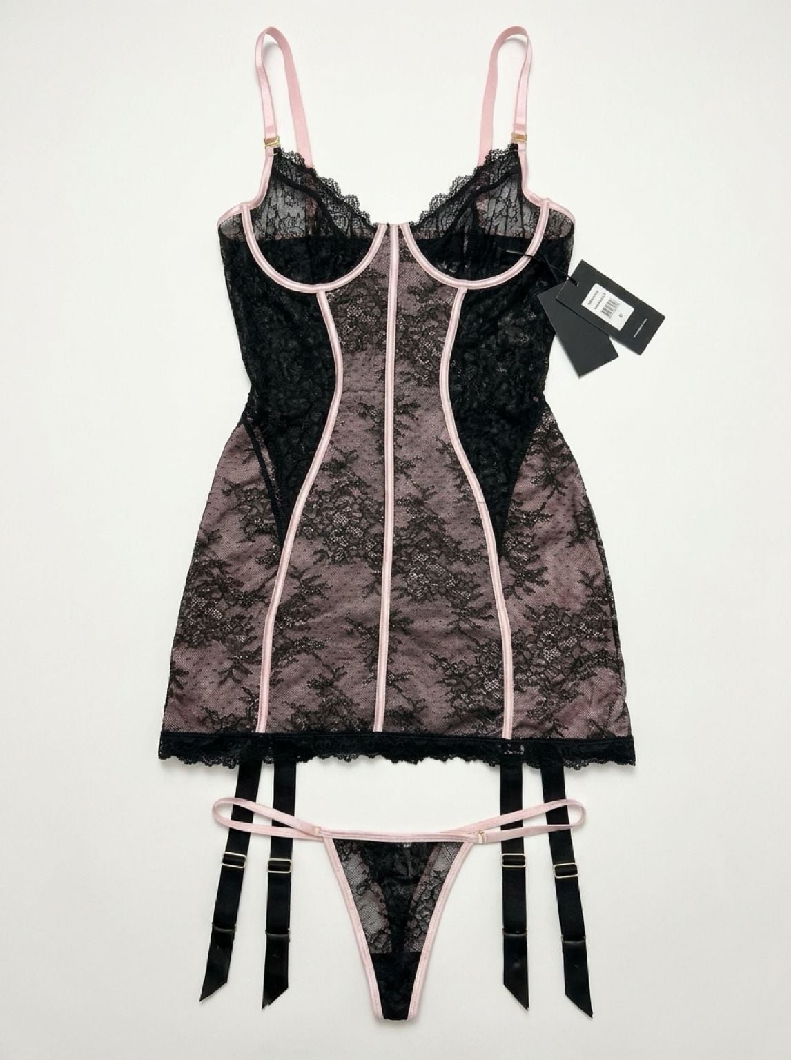 House of Desire Lace Corset Lingerie Chemise Garter Set Black Pink M 1