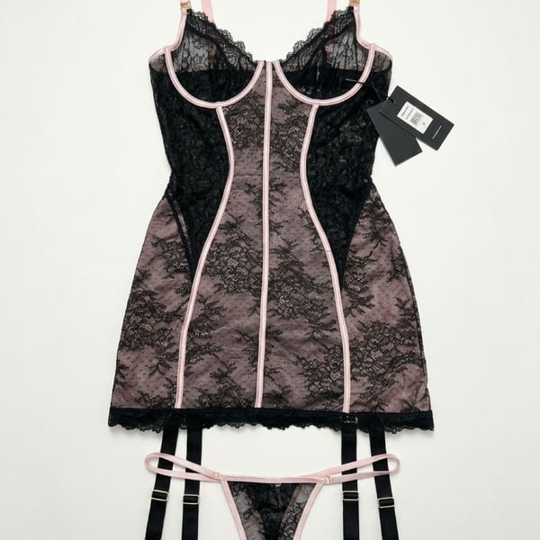 House of Desire Lace Corset Lingerie Chemise Garter Set Black Pink M