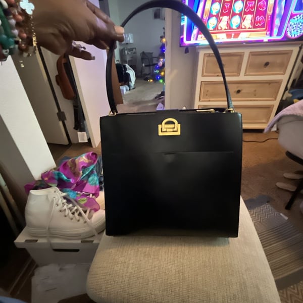 Mango MNG Black Leather Structured Handbag with Gold-Tone Hardware Detail