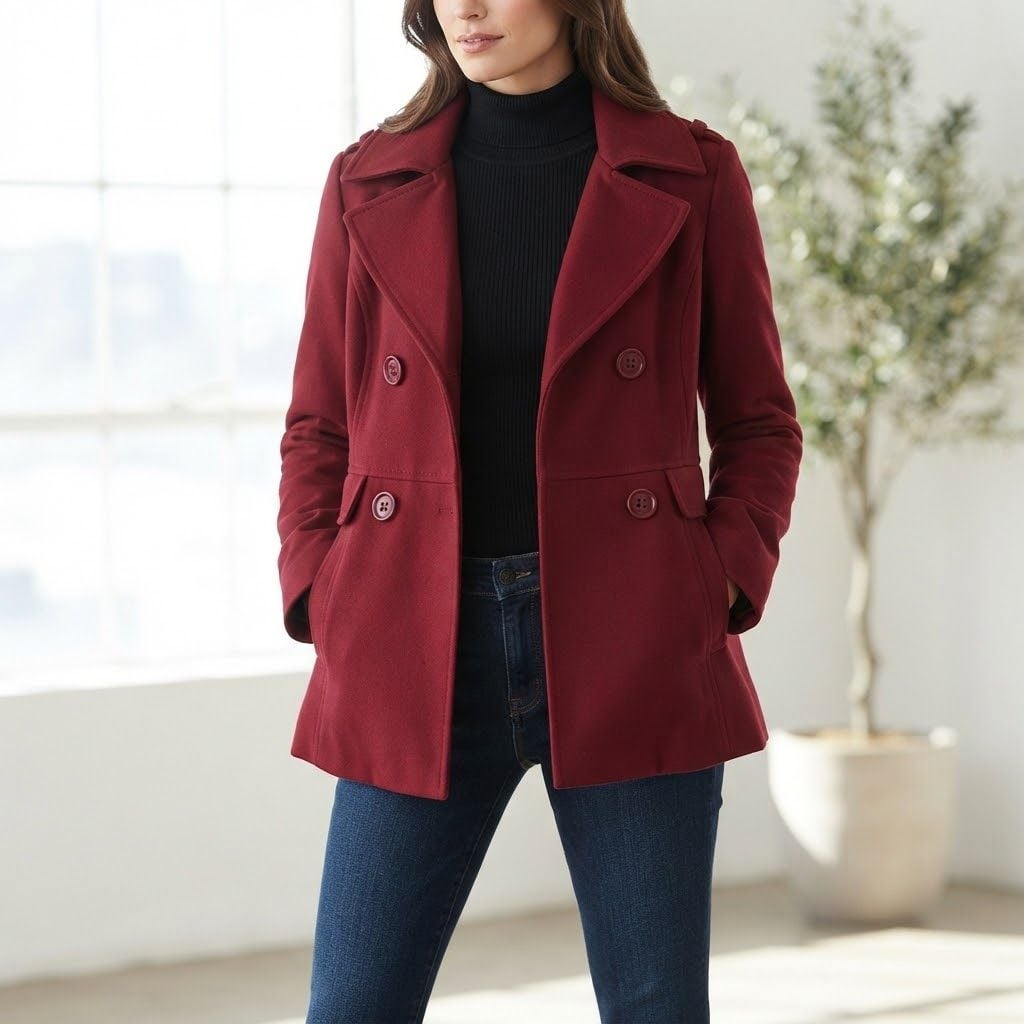 Kenneth Cole Reaction Women's Red Double Breasted Pea Coat, Size 8 2