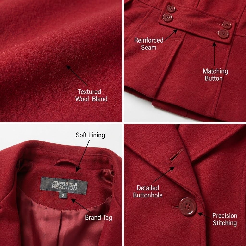 Kenneth Cole Reaction Women's Red Double Breasted Pea Coat, Size 8 4