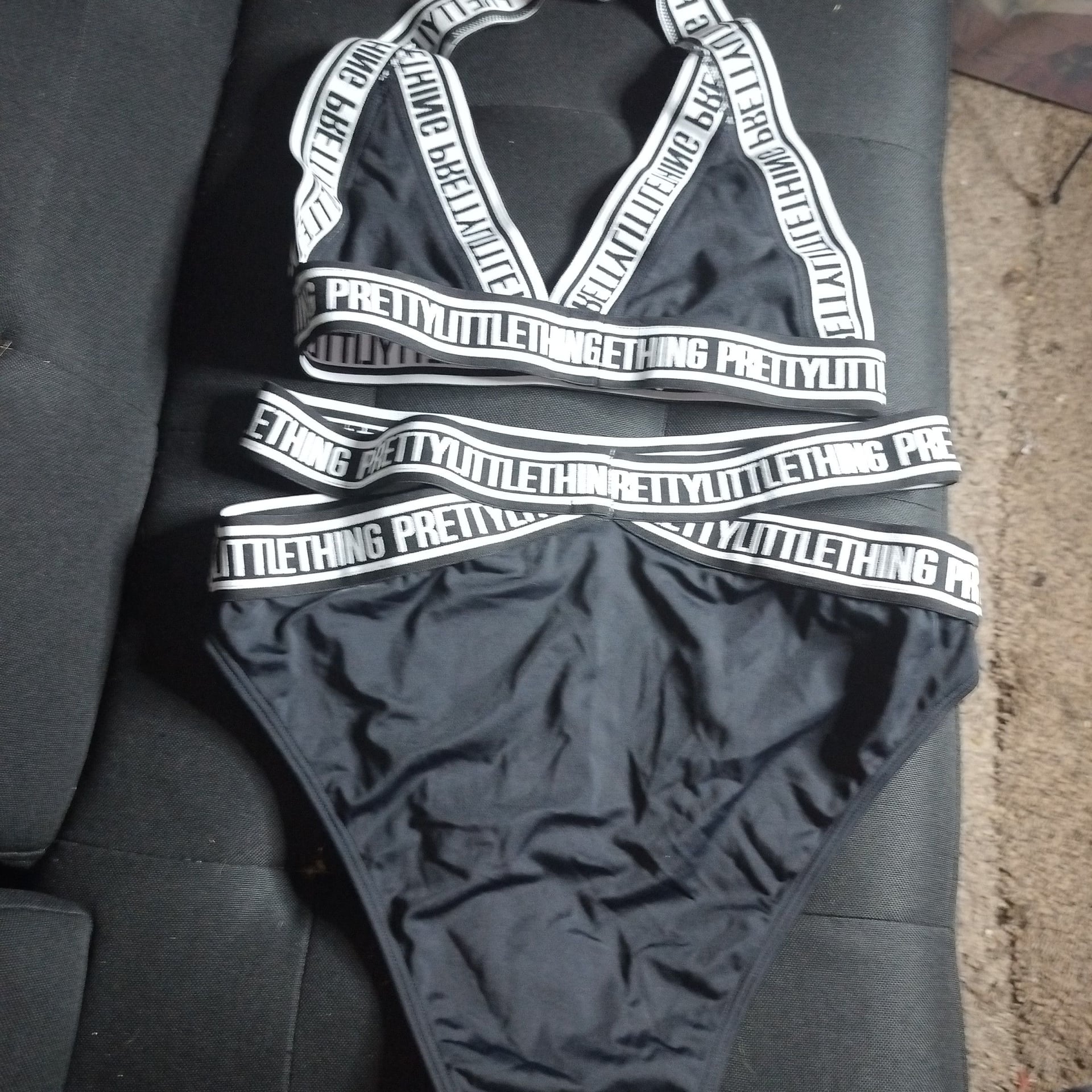 PrettyLittleThing Black Strap Triangle Bikini Set with Branded Elastic Straps 1