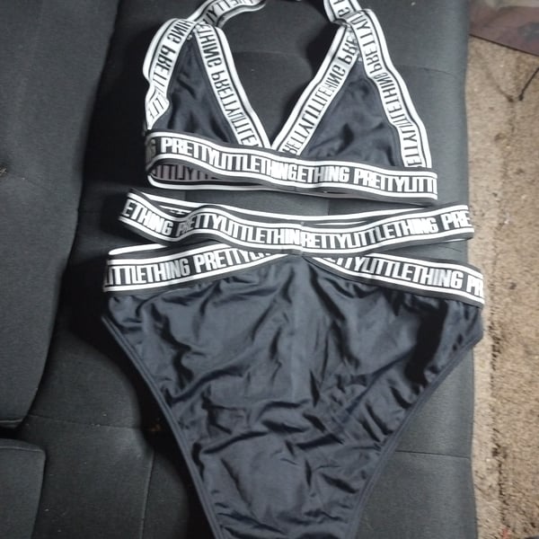 PrettyLittleThing Black Strap Triangle Bikini Set with Branded Elastic Straps