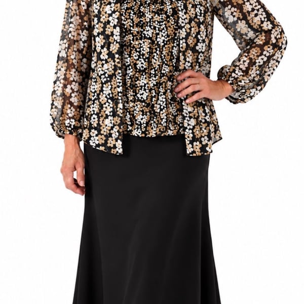 Club z collection Black and Beige Floral Print Long Sleeve Blouse