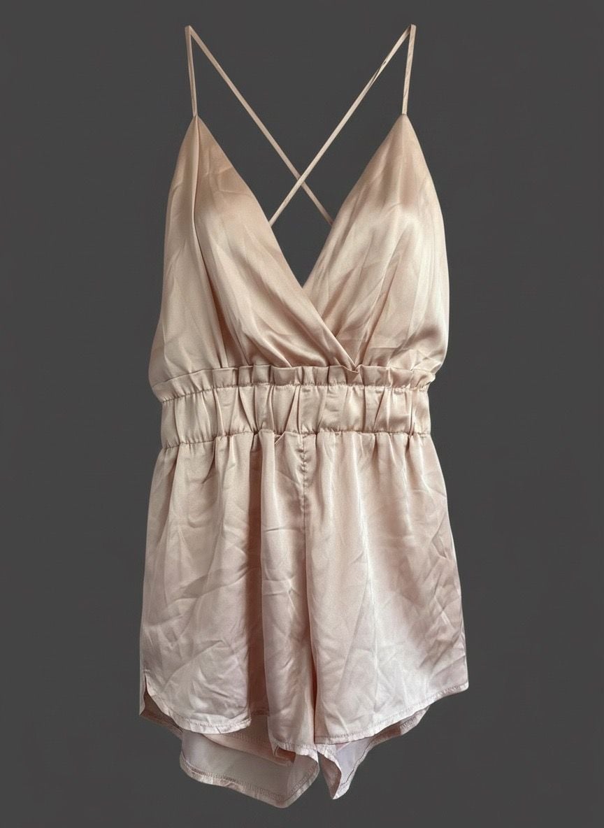 Shinestar Blush Pink Champagne Satin Cross-Back Sz M Romper π | Coquette / Y2K 2