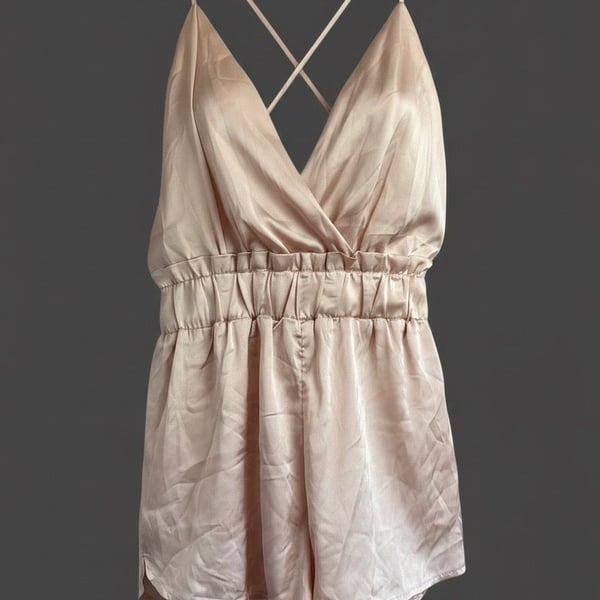 Shinestar Blush Pink Champagne Satin Cross-Back Sz M Romper 🎀 | Coquette / Y2K