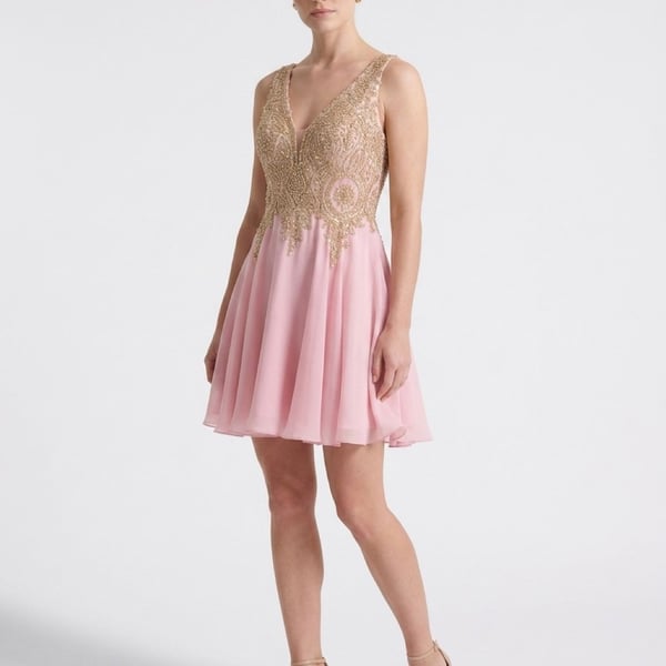 May Queen Couture Pink Chiffon Homecoming Dress with Gold Beaded Bodice Size 10
