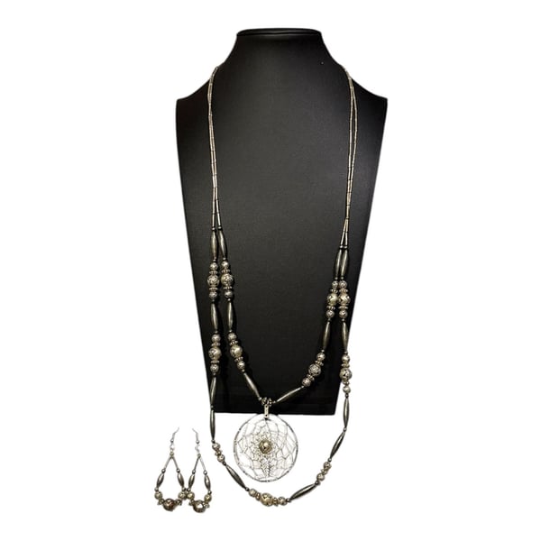 VTG Liquid Silver Sterling Dream Catcher Necklace & Matching Earrings 