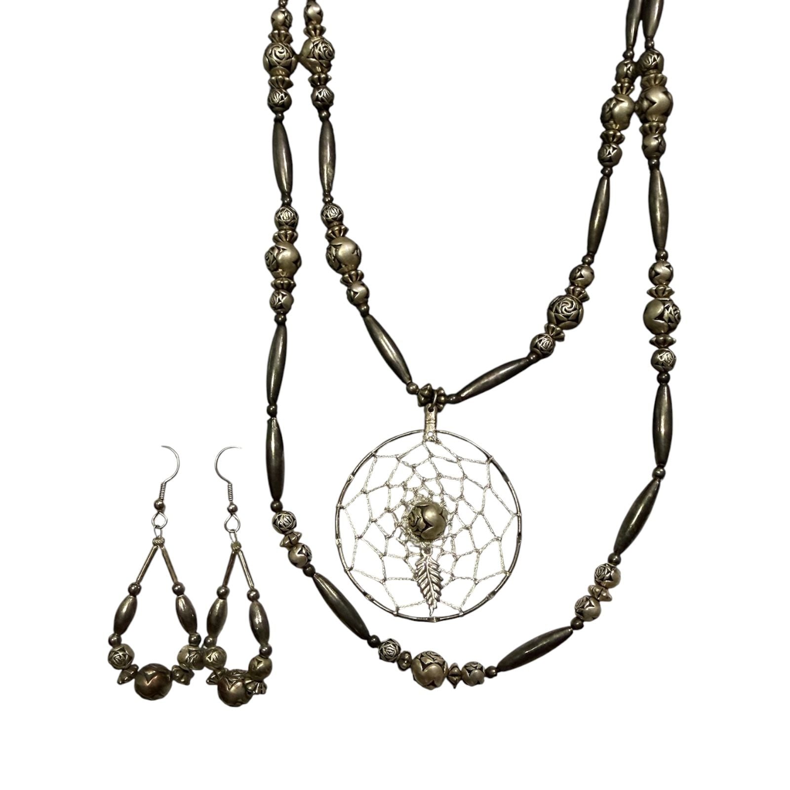 VTG Liquid Silver Sterling Dream Catcher Necklace & Matching Earrings 2