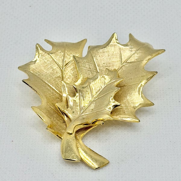 Vintage Triple Layered Leaf Brooch Pin Brushed Gold Tone Textured Fall