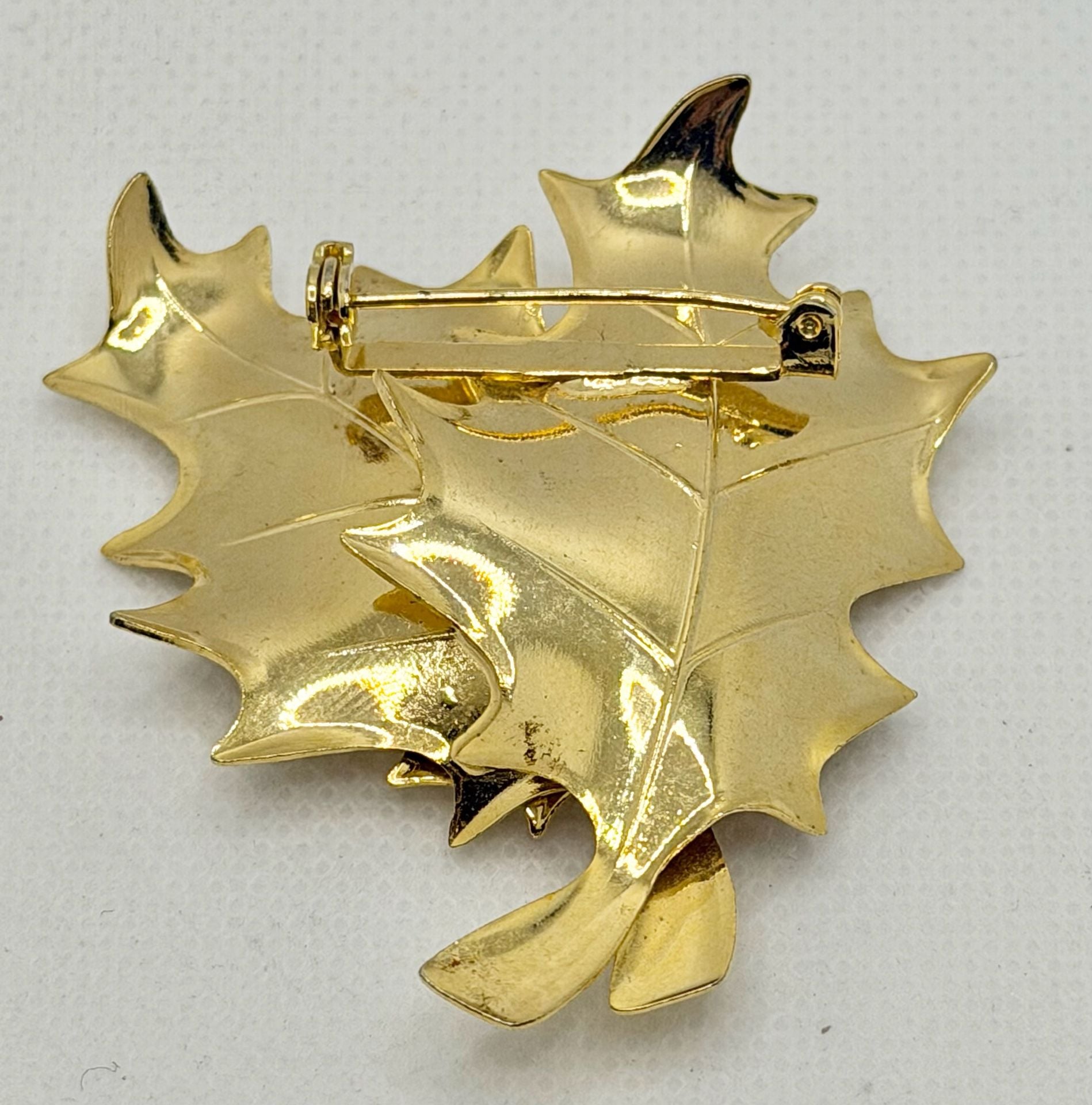 Vintage Triple Layered Leaf Brooch Pin Brushed Gold Tone Textured Fall 2
