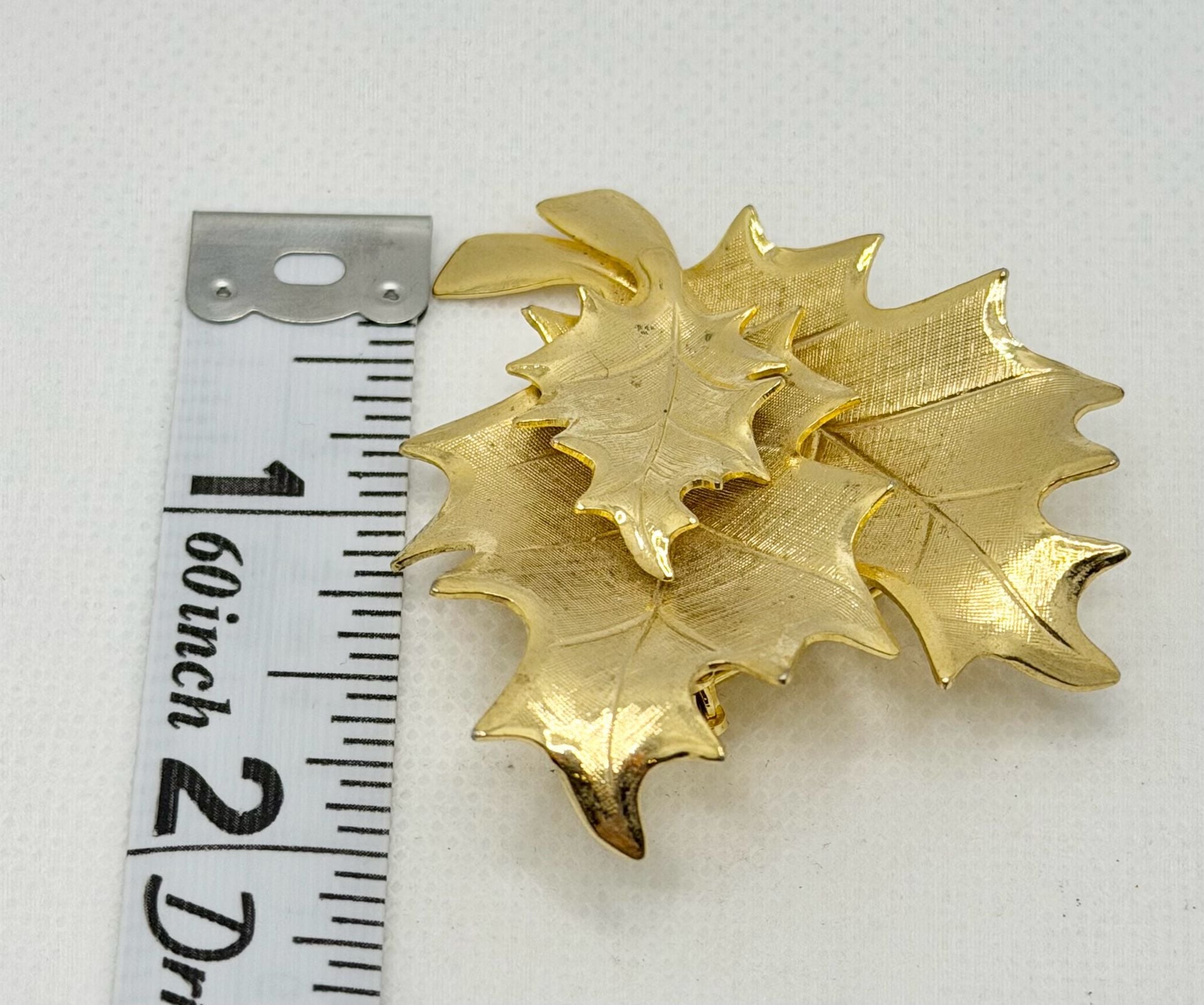 Vintage Triple Layered Leaf Brooch Pin Brushed Gold Tone Textured Fall 3