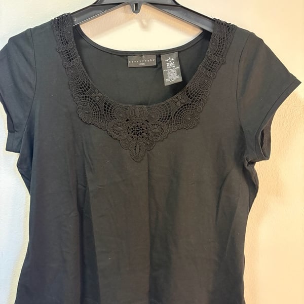 Apostrophe Black Lace Trim Round Neck T-Shirt, Size L Petite (12-14)