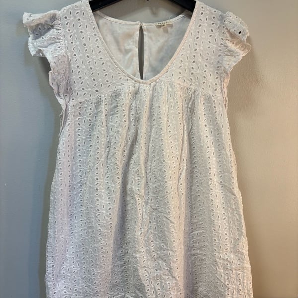 JODIFL White Eyelet Dress with Ruffled Cap Sleeves and V-Neck