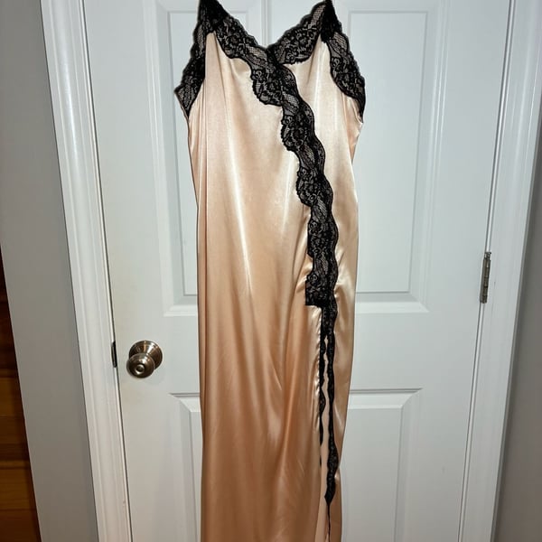 Satin Silk Lace Trim V-Neck Backless Maxi Slip Nightgown Dress Champagne Pink