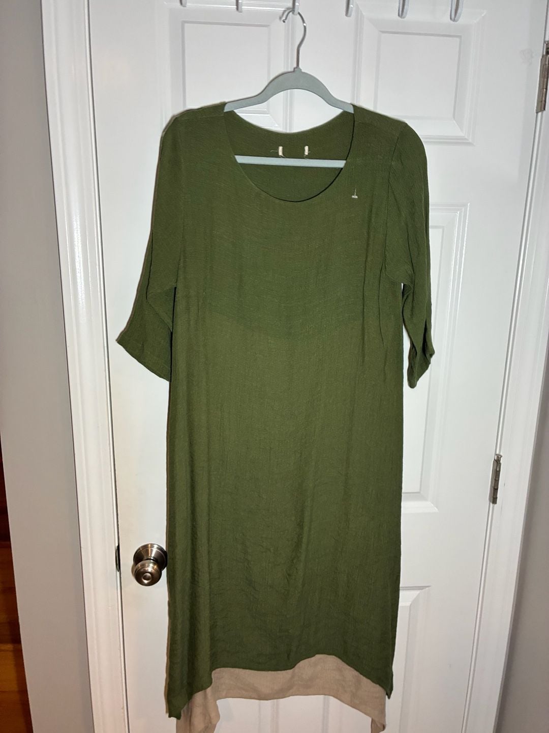 Women's Olive Green and Beige Cotton Linen False Two-Piece Maxi Dress 2