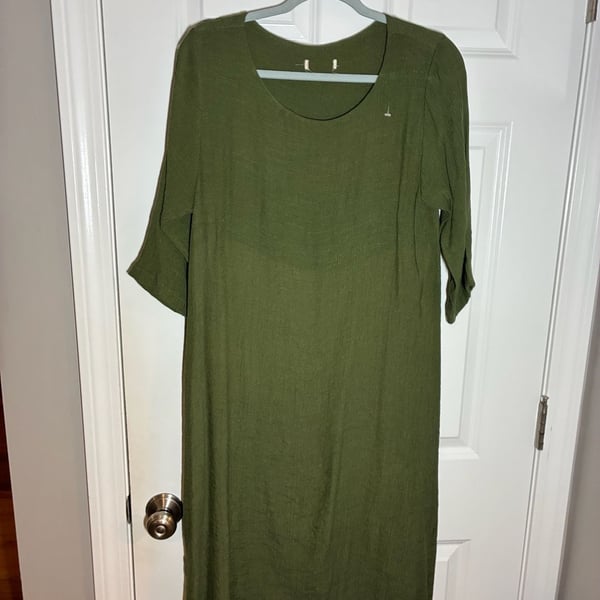 Women's Olive Green and Beige Cotton Linen False Two-Piece Maxi Dress