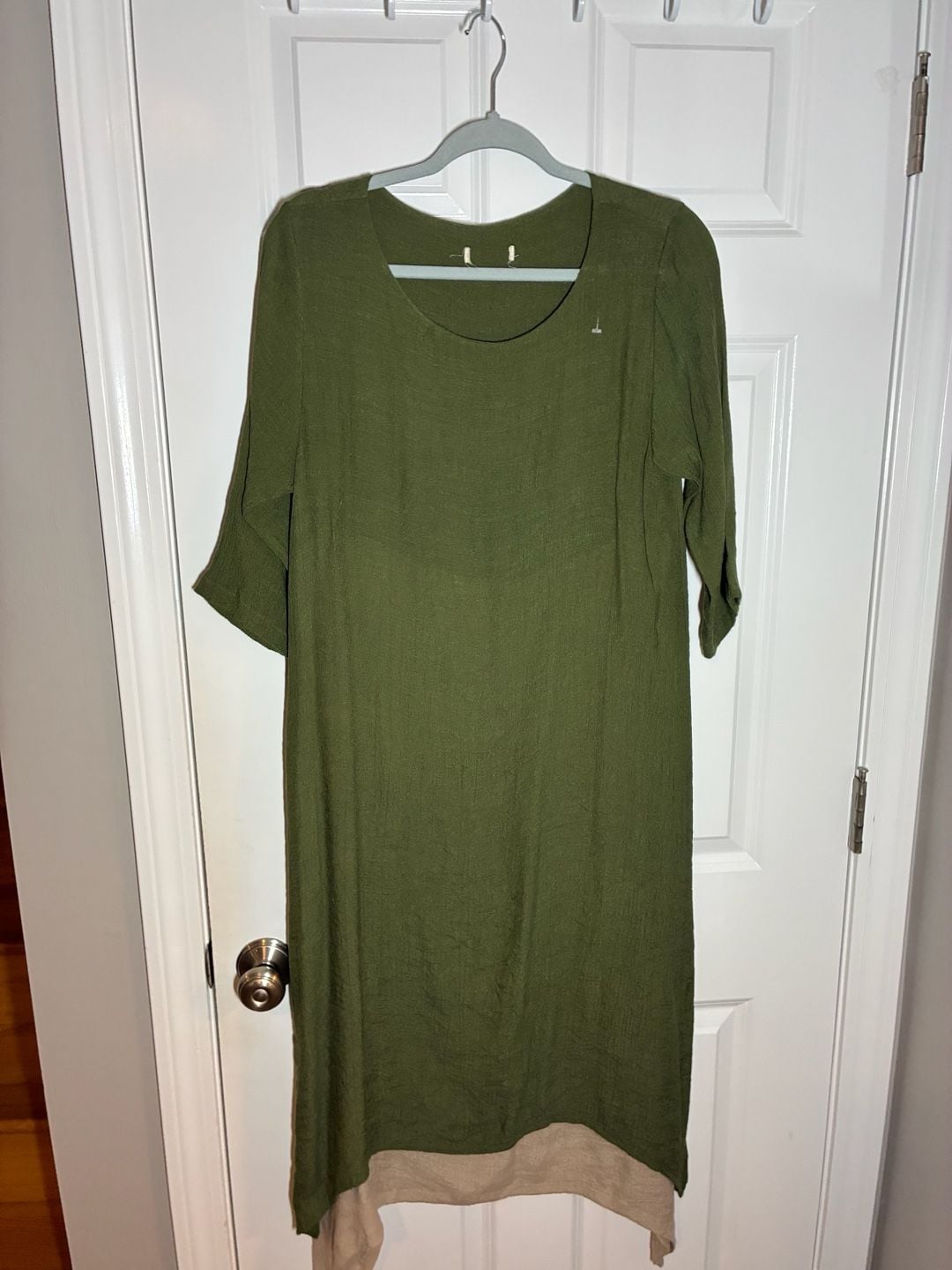 Women's Olive Green and Beige Cotton Linen False Two-Piece Maxi Dress 3