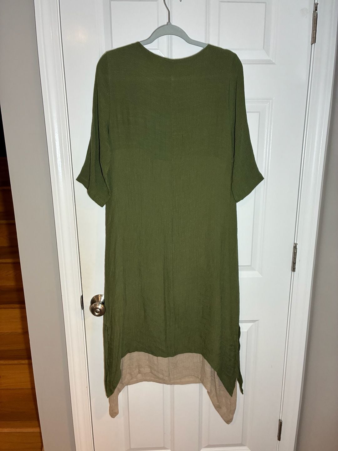 Women's Olive Green and Beige Cotton Linen False Two-Piece Maxi Dress 4