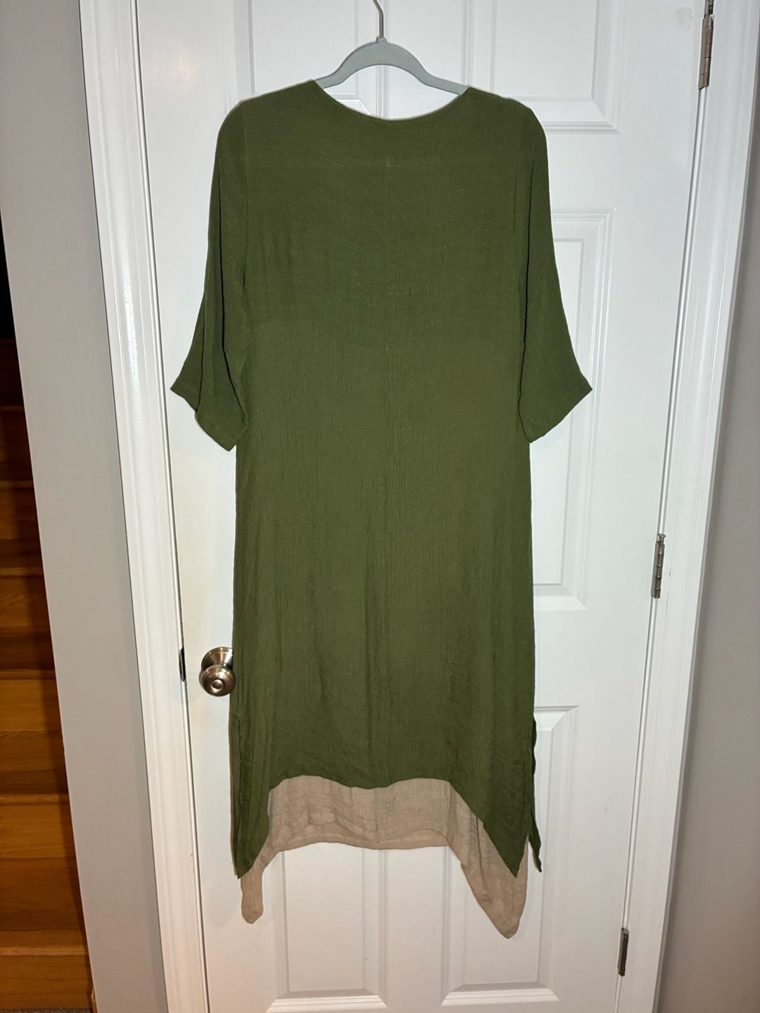 Women's Olive Green and Beige Cotton Linen False Two-Piece Maxi Dress 5