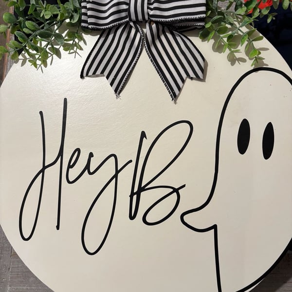 Hey Boo Ghost Wooden Door Hanger with Black and White Stripe Bow and Foliage