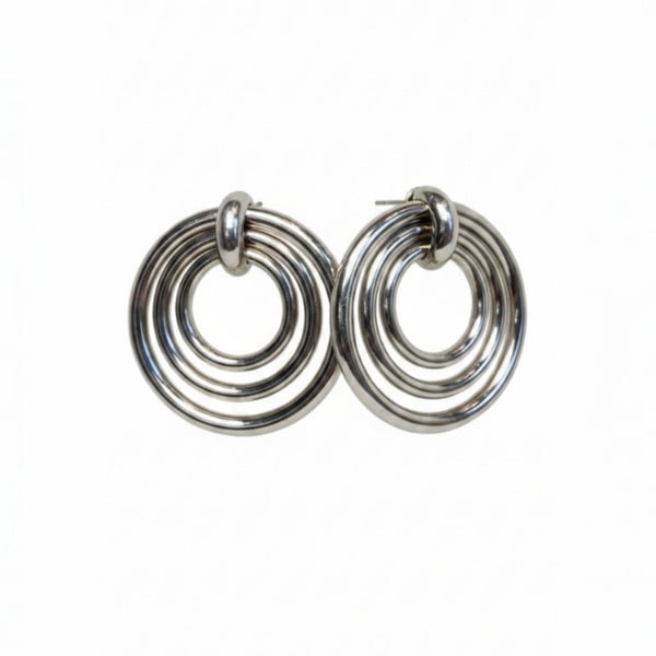 Silver Hoop Earrings Triple Concentric Circle Drop Dangle Modern Statement Bold