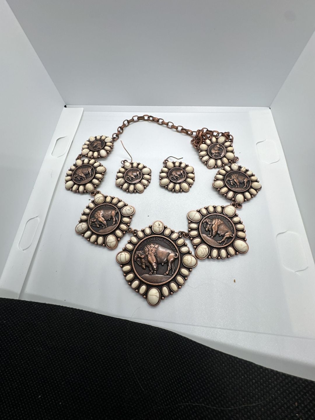 Western Buffalo Nickel Statement Necklace and Earrings Set with White Stone and Copper Tone 1