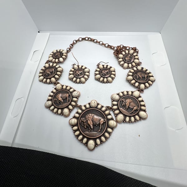 Western Buffalo Nickel Statement Necklace and Earrings Set with White Stone and Copper Tone