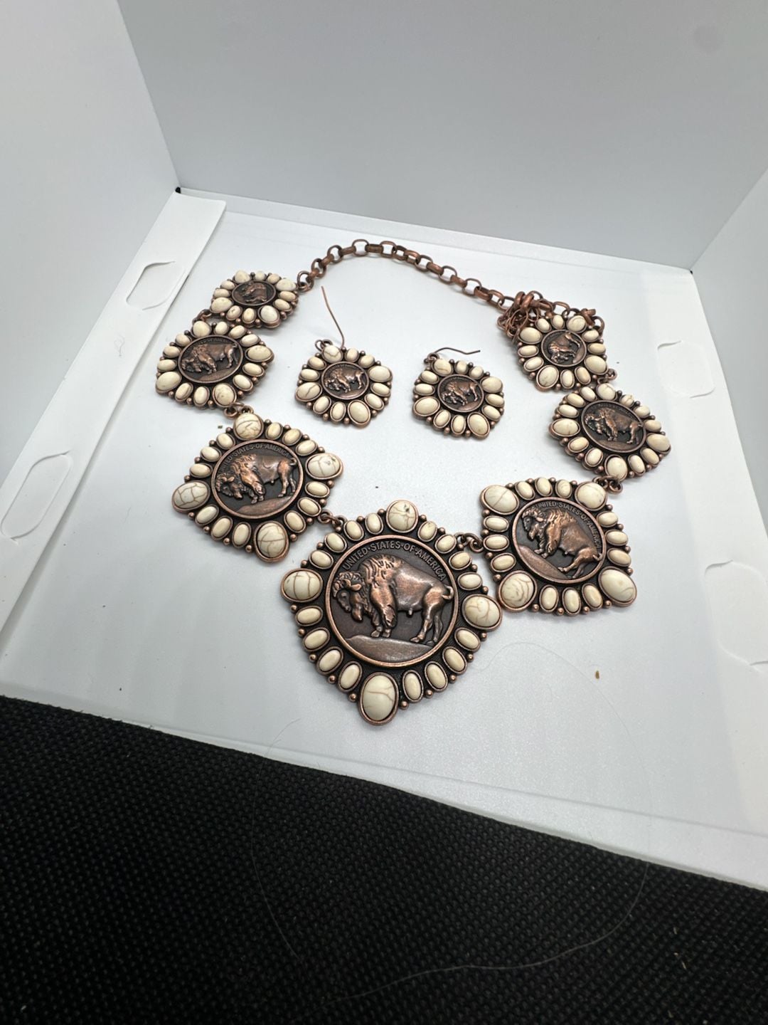 Western Buffalo Nickel Statement Necklace and Earrings Set with White Stone and Copper Tone 2