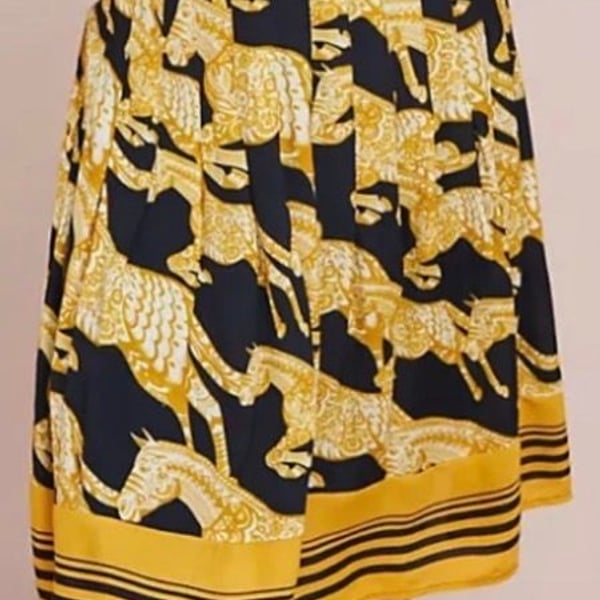 Maeve by Anthropologie Jade Golden Horses Blue Pleated Midi Skirt Sz 4