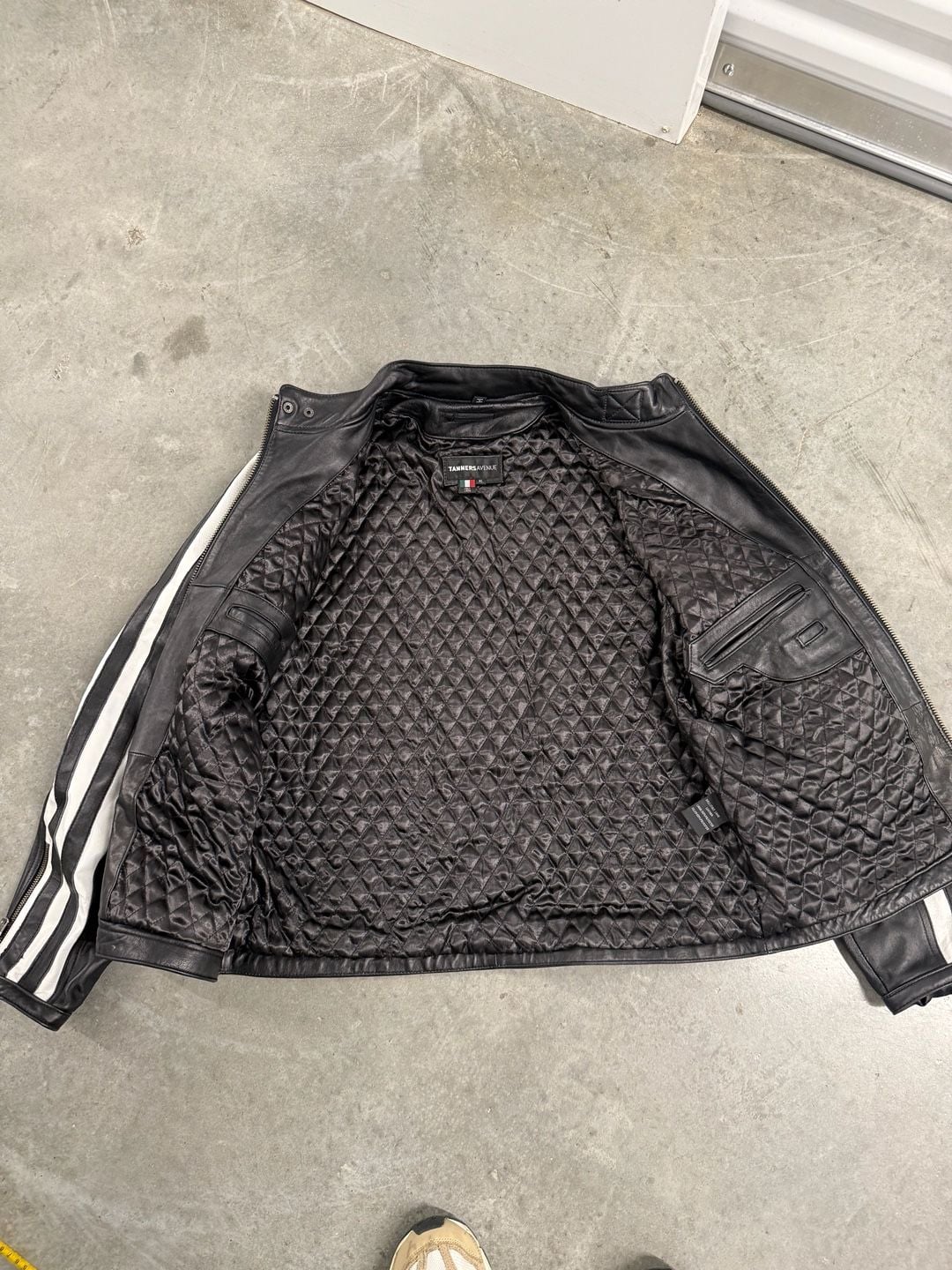 Tanners Avenue Black Leather Jacket With White Racing Stripes Moto Biker 4
