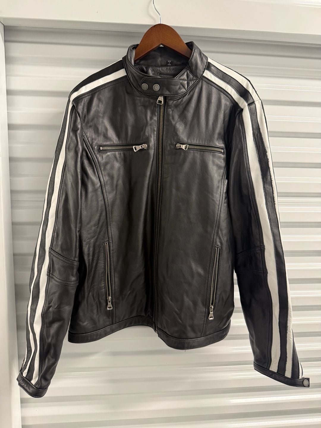 Tanners Avenue Black Leather Jacket With White Racing Stripes Moto Biker 5