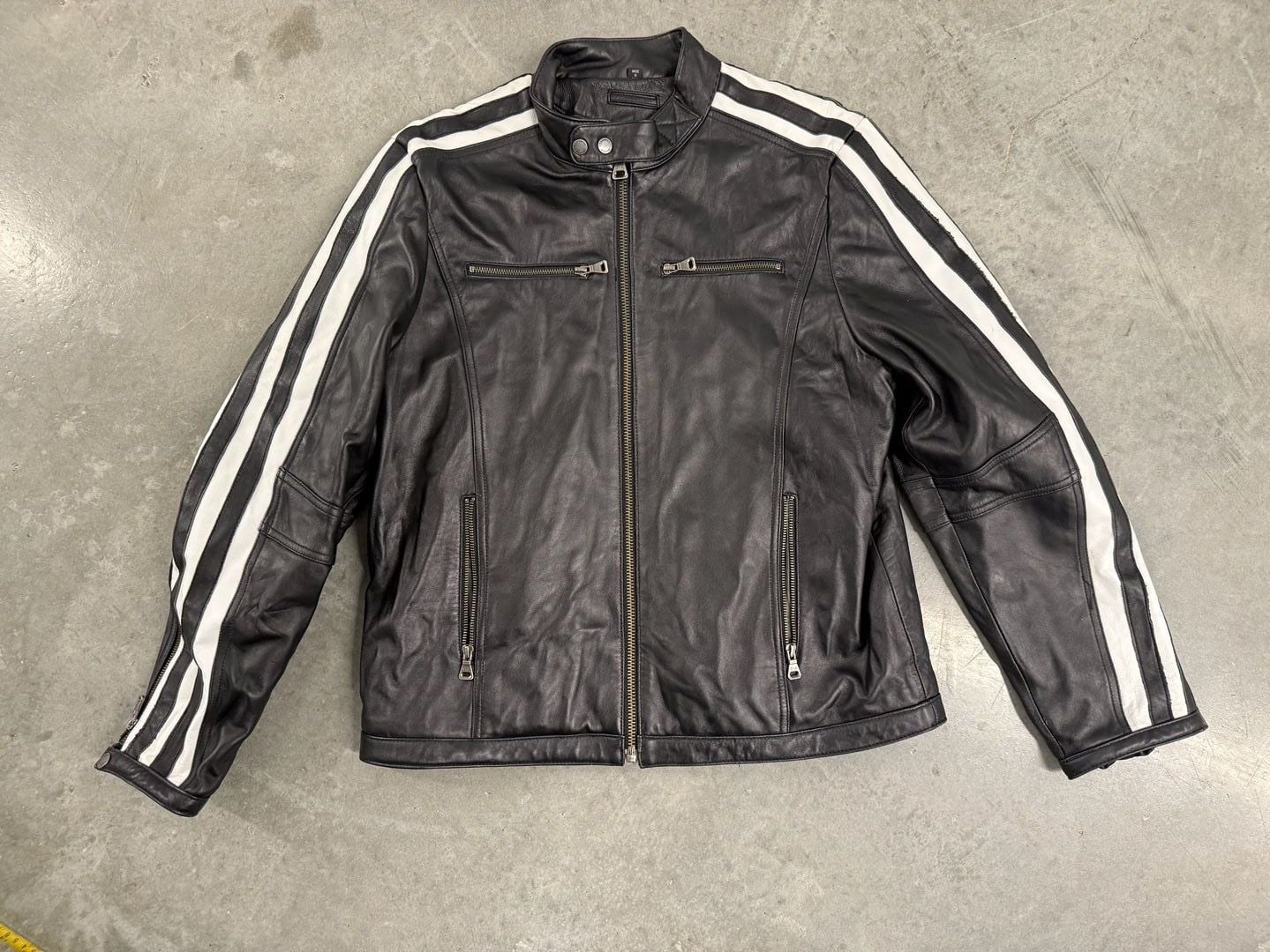 Tanners Avenue Black Leather Jacket With White Racing Stripes Moto Biker 2