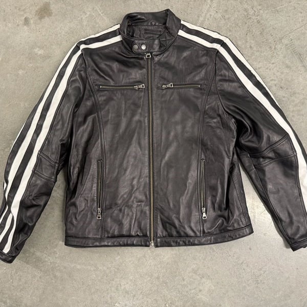 Tanners Avenue Black Leather Jacket With White Racing Stripes Moto Biker