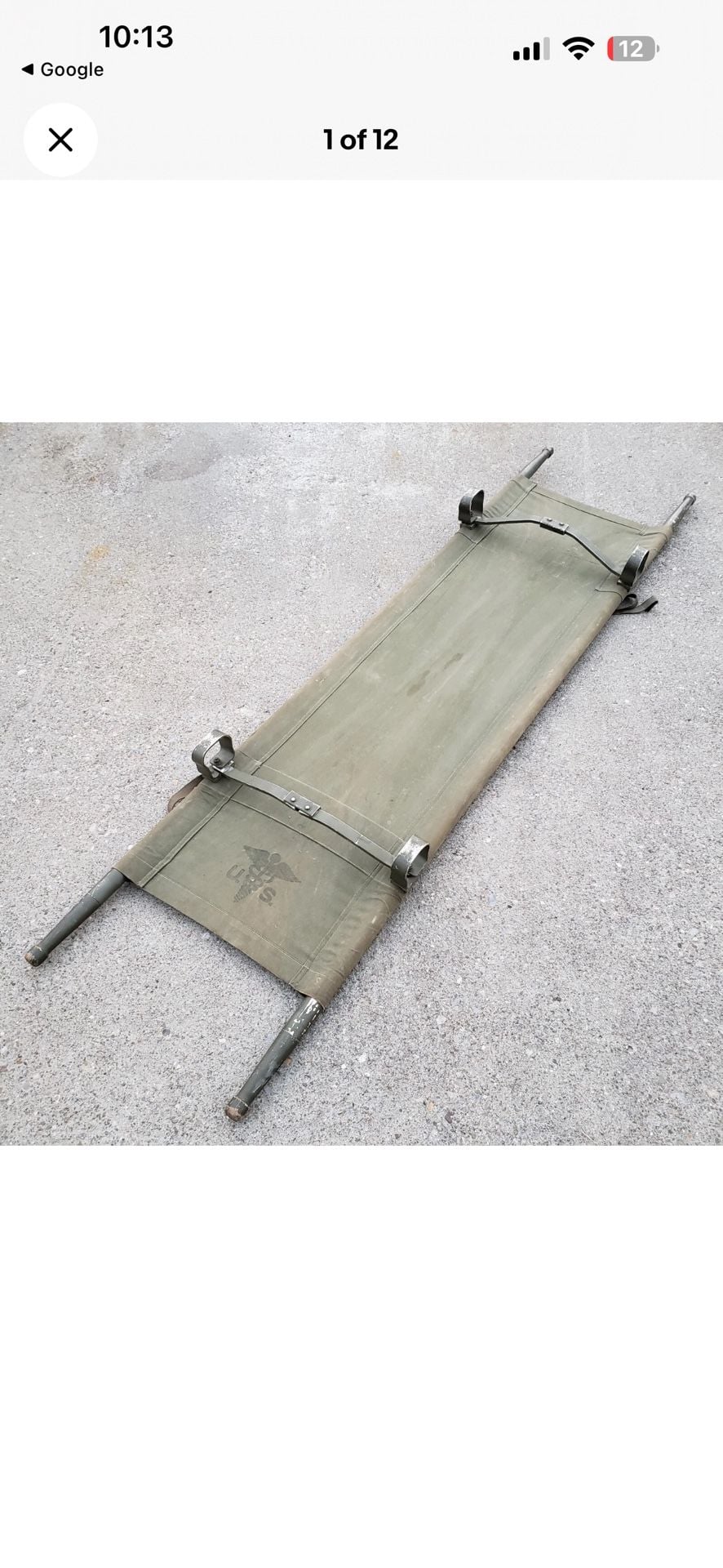 (3) Vintage US Military Medical Corps Folding Stretcher Litter Gurney Canvas 1