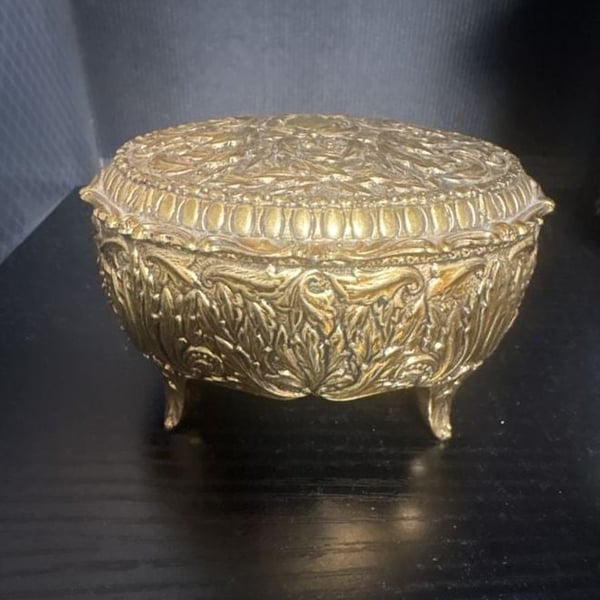 Vintage Ornate Gilt Brass Footed Jewelry Box with Red Velvet Lining