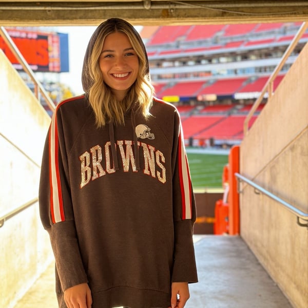 NFL Team Apparel Cleveland Browns Women's Brown Sequin Pullover Hoodie Sweatshirt Size M