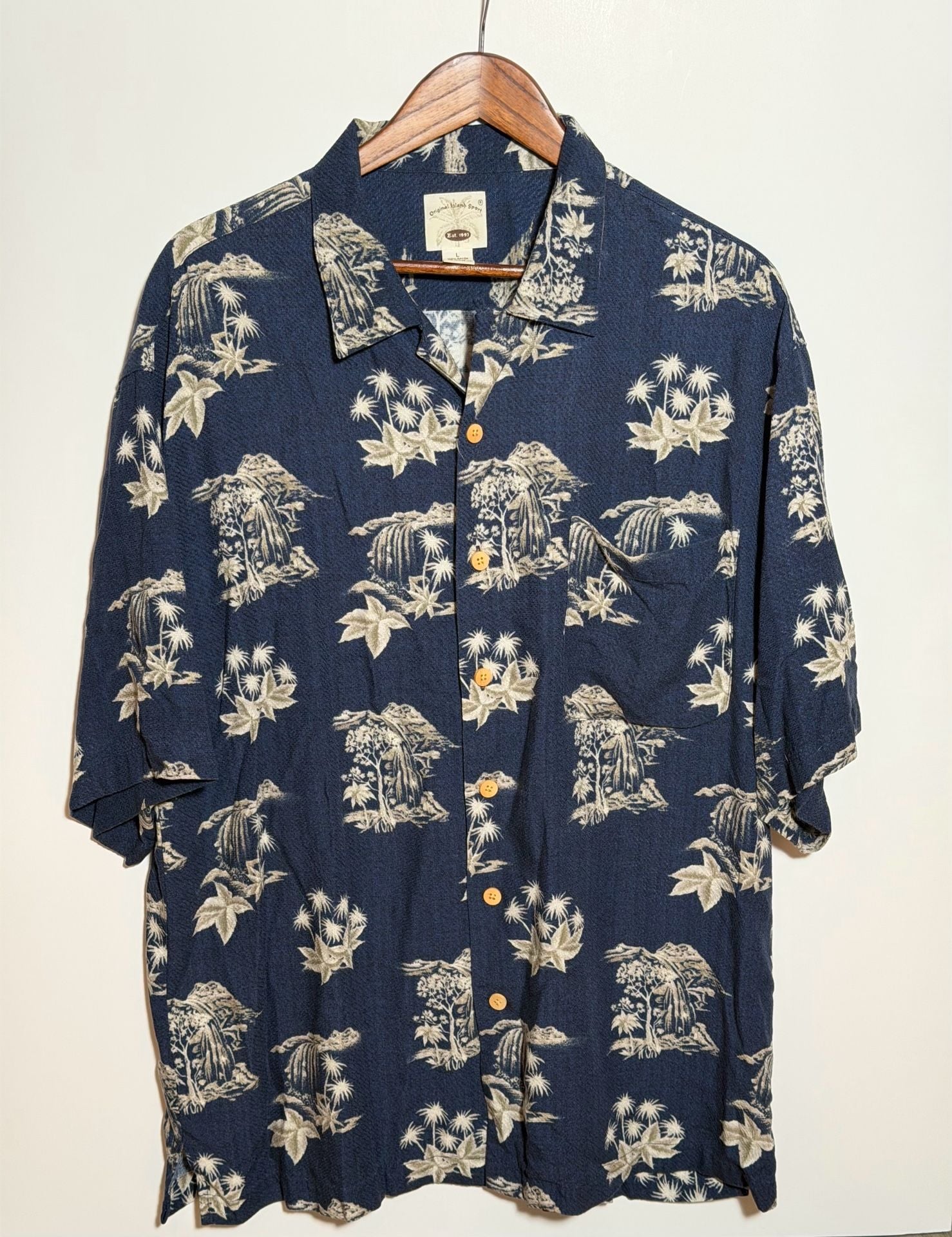 Original Island Sport Men's Blue Tropical Palm Tree Hawaiian Rayon Shirt Size L 2